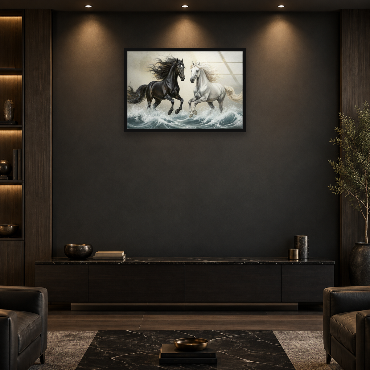 Running Horses Beach Wall Art – Sunset Coastal Glass | Wall Art — square full-frame interior mockup 2