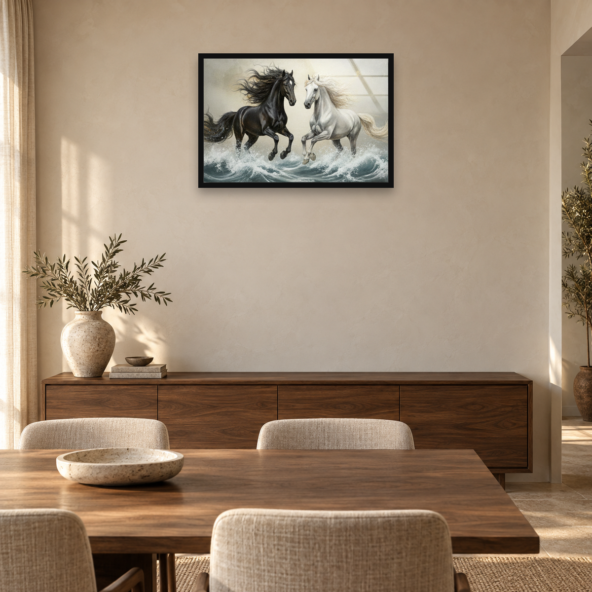 Running Horses Beach Wall Art – Sunset Coastal Glass | Wall Art — square full-frame interior mockup 3