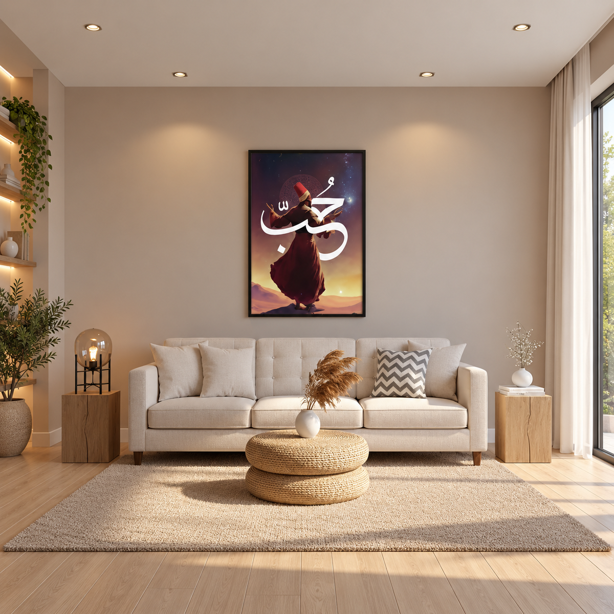 Sufi in Divine Ecstasy — square warm living room mockup, full frame visible