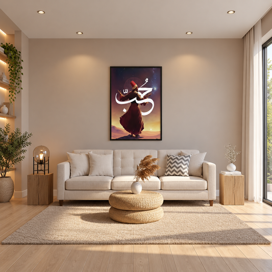 Sufi in Divine Ecstasy — square warm living room mockup, full frame visible