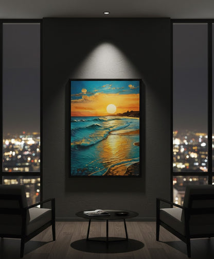 Golden Sunset Ocean Waves Canvas Wall Art