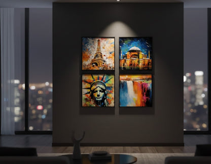 Liberty Statue Eiffel Tower & Hagia Sophia (4Panel) Wall Art
