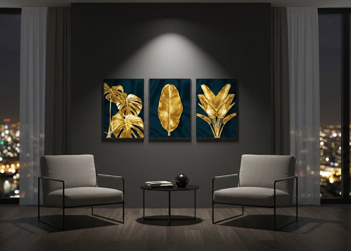 Green floral golden touch(3panel) | Wall Art