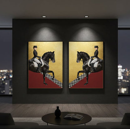 Gold & Red Horse Riding Art Print Set: Modern Abstract Wall Decor