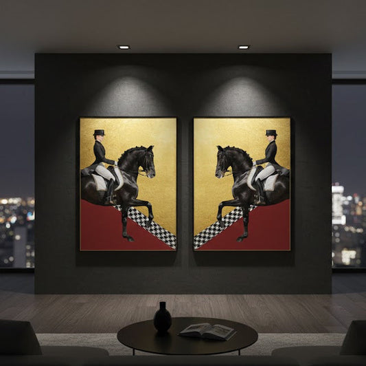 Gold & Red Horse Riding Art Print Set: Modern Abstract Wall Decor