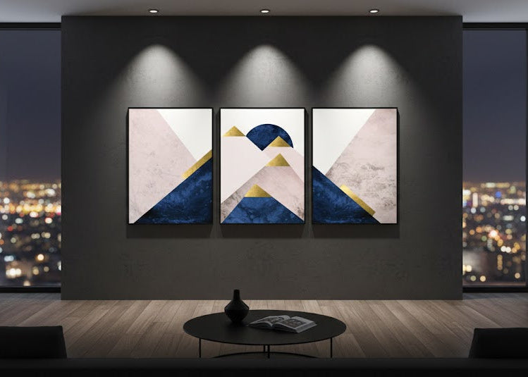 Geometric Prints Marble Gold Navy Blue (3panel) | Wall Art