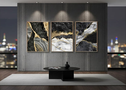 ABSTRACT GOLDEN BLACK ART – 3 PANEL SET
