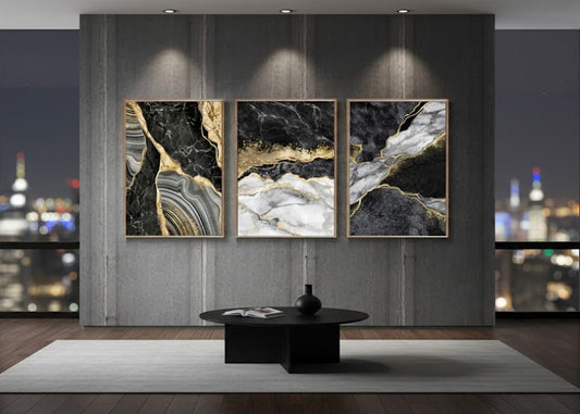 ABSTRACT GOLDEN BLACK ART – 3 PANEL SET