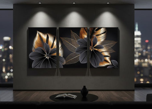 Black Gold Tropical Leaf Canvas Wall Art (3 Panel)