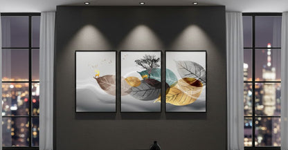 Abstract Grey Gold Blue Leaves (3panel) | Wall Art