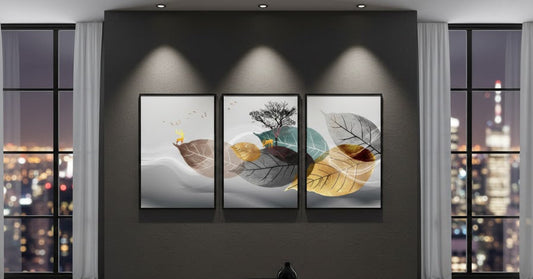 Abstract Grey Gold Blue Leaves (3panel) | Wall Art