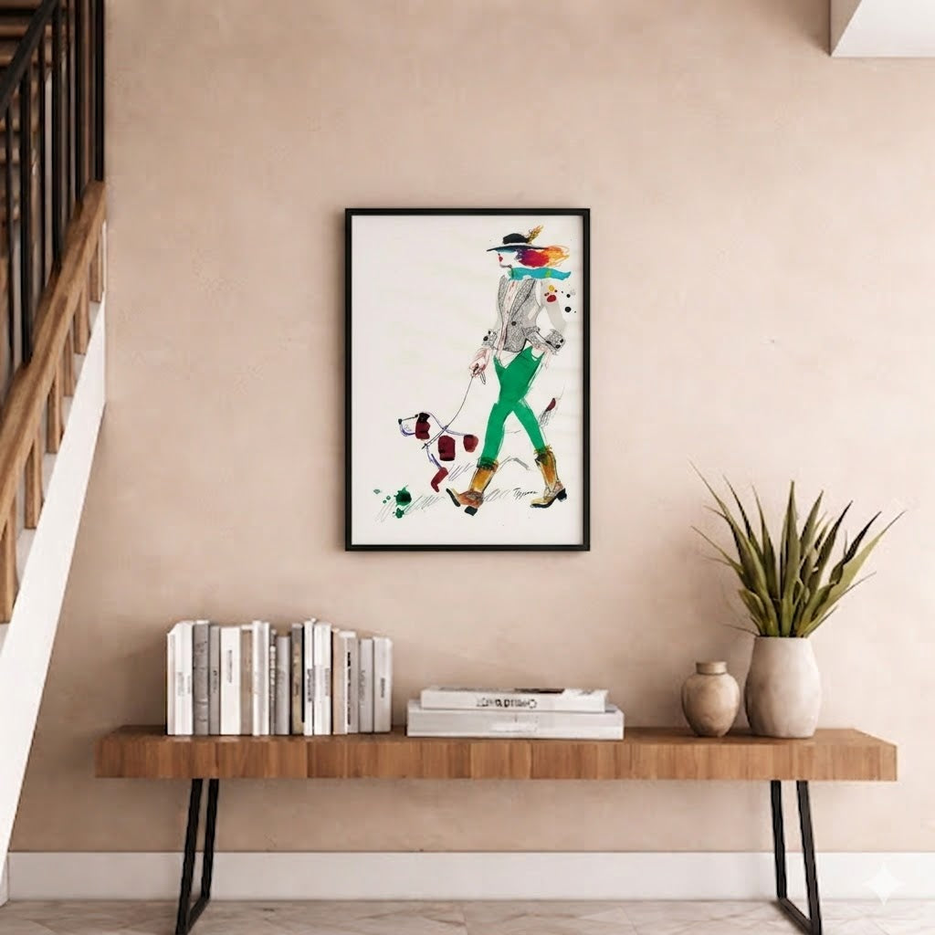 girl with pet colored Line Art - wall art
