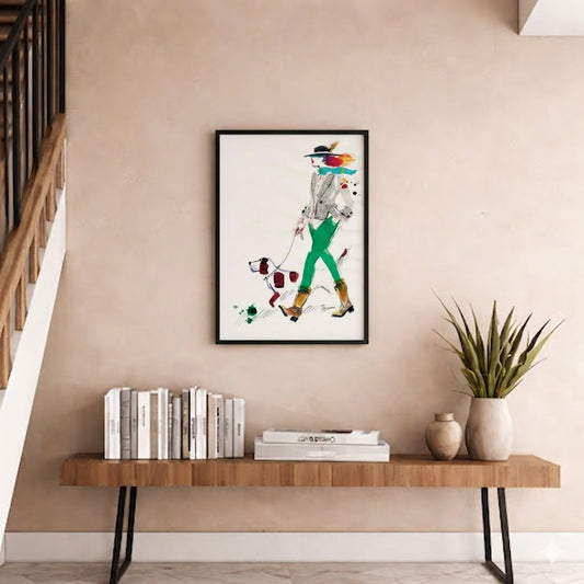 girl with pet colored Line Art - wall art