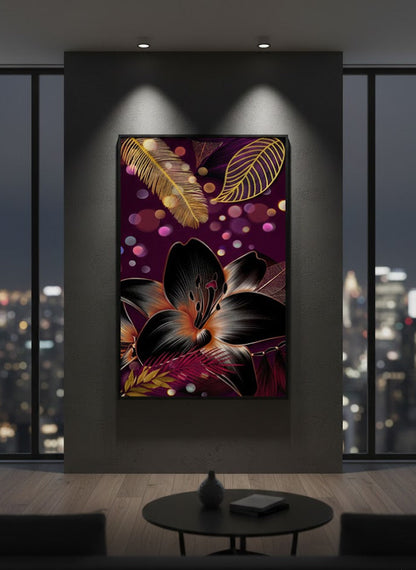Golden & Black Flowers With Purple Background | Wall Art