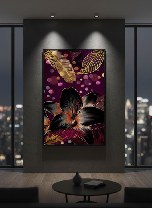 Golden & Black Flowers With Purple Background | Wall Art