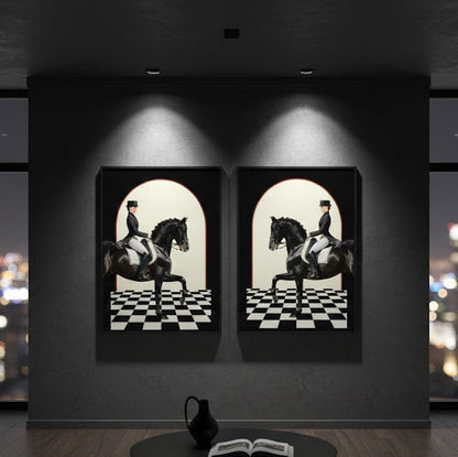 Minimalistic Royal Horses Black and White Abstract Canvas Wall Art Poster Print,Nordic Scandinavian
