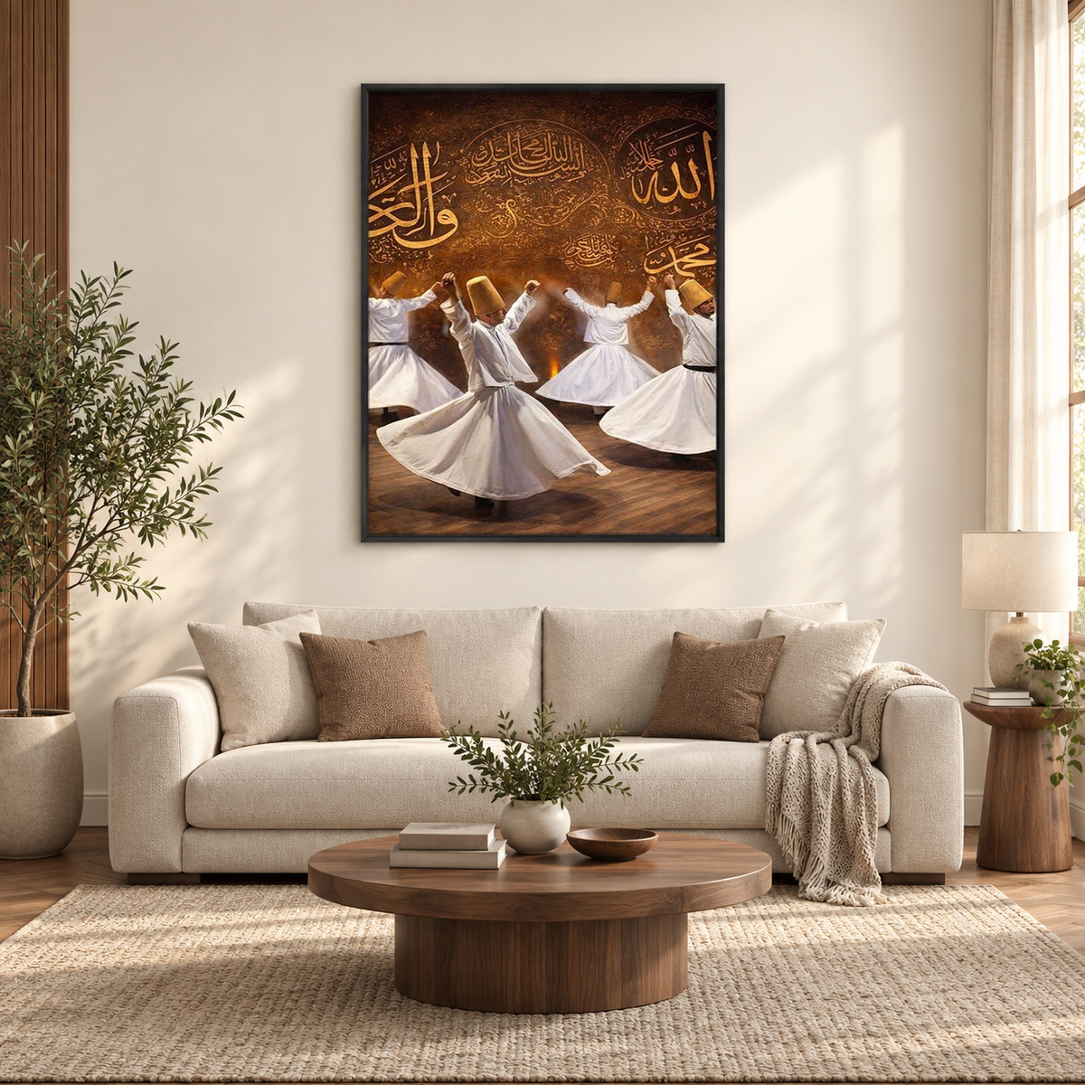 Whirling Dervishes Canvas Print, Sufi Islamic Wall Art, — square room mockup 1, full frame visible