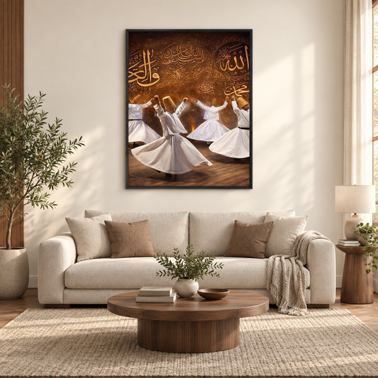 Whirling Dervishes Canvas Print, Sufi Islamic Wall Art, — square room mockup 1, full frame visible