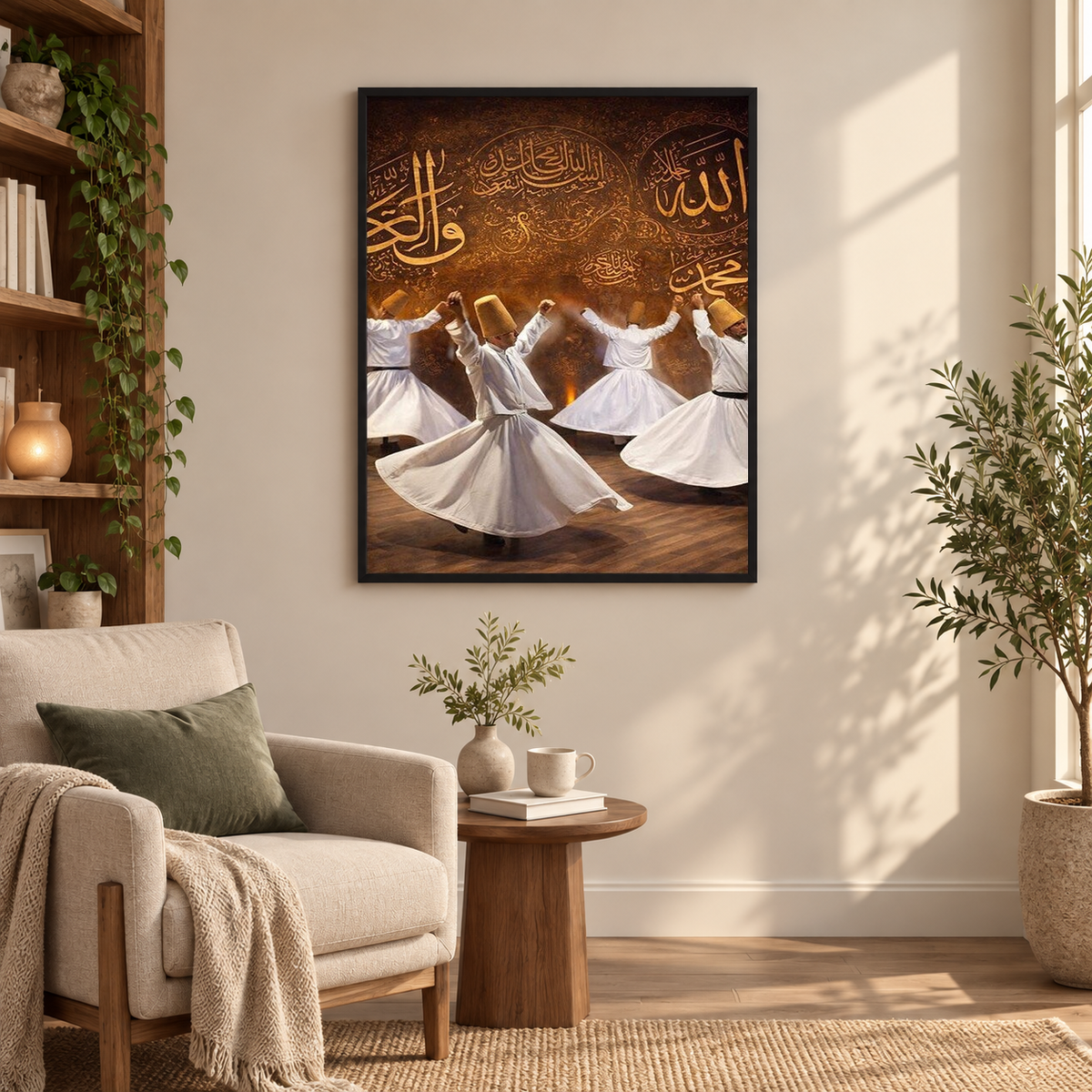 Whirling Dervishes Canvas Print, Sufi Islamic Wall Art, — square room mockup 3, full frame visible